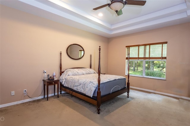 bedroom featuring a tray ceiling, ceiling fan, and carpet