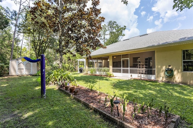 view of yard with a sunroom, a shed, and an outdoor structure