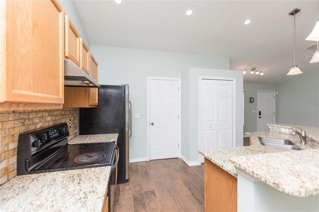 kitchen with decorative light fixtures, dark wood finished floors, a sink, black range with electric cooktop, and under cabinet range hood