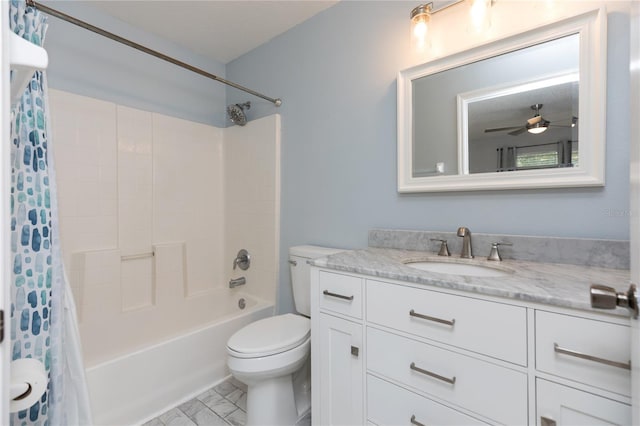 bathroom with shower / bathtub combination, ceiling fan, toilet, vanity, and marble finish floor