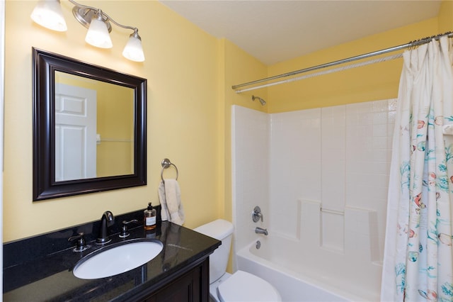 bathroom featuring vanity, toilet, and shower / bathtub combination with curtain