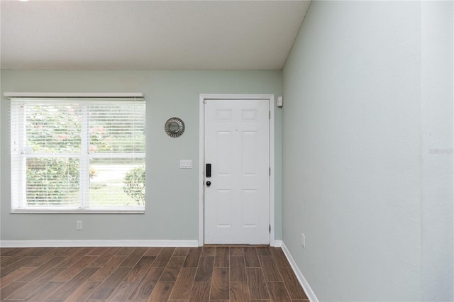 foyer entrance featuring baseboards and dark wood-type flooring