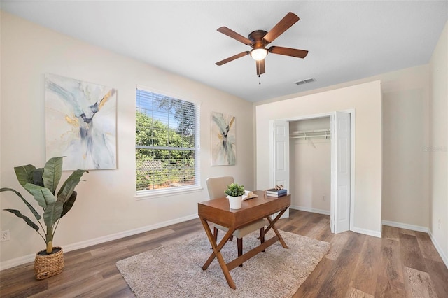 office area featuring ceiling fan and wood-type flooring