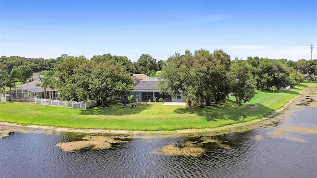 bird's eye view with a water view