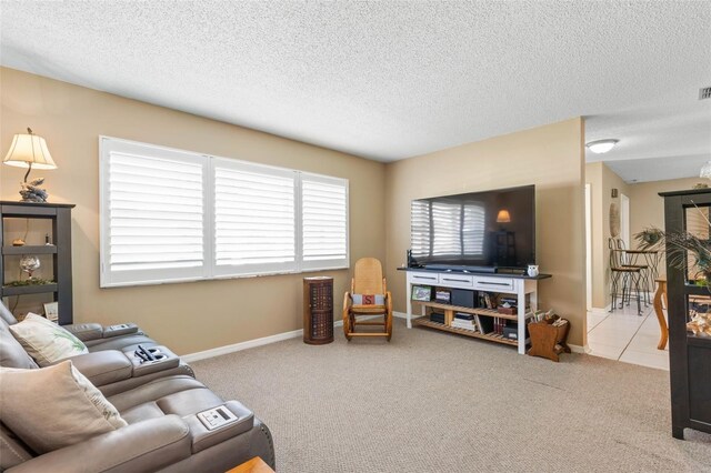 carpeted living room with a textured ceiling