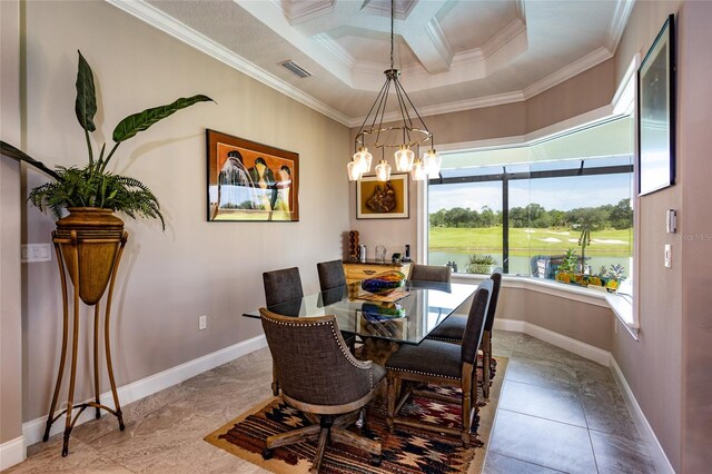 dining space with crown molding, a healthy amount of sunlight, light tile patterned floors, and a chandelier