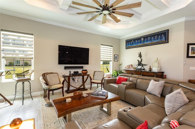 tiled living room with ceiling fan, coffered ceiling, beamed ceiling, and ornamental molding