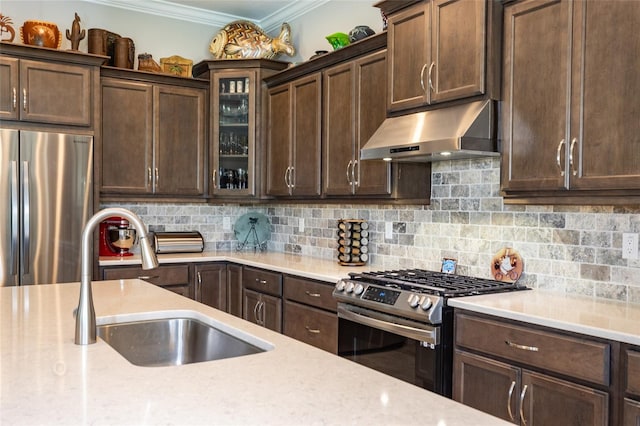 kitchen with appliances with stainless steel finishes, dark brown cabinets, sink, and tasteful backsplash