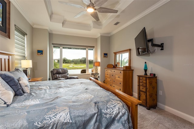 bedroom featuring a tray ceiling, baseboards, light colored carpet, and crown molding