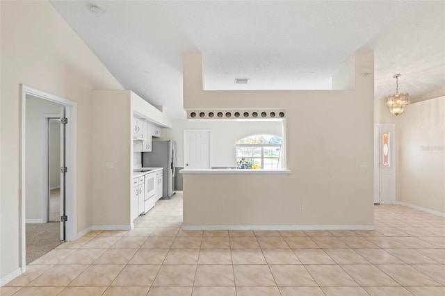 kitchen with electric stove, a chandelier, high vaulted ceiling, hanging light fixtures, and light tile patterned floors