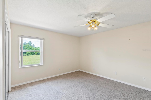 empty room featuring ceiling fan, carpet, and a textured ceiling