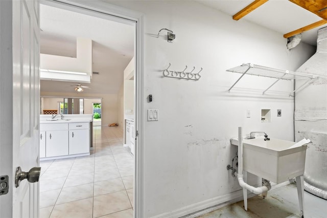 laundry room featuring light tile patterned flooring, sink, electric dryer hookup, hookup for a washing machine, and ceiling fan