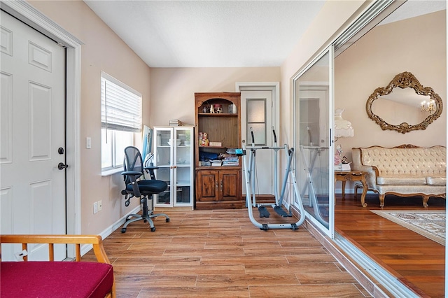 exercise area with light hardwood / wood-style flooring