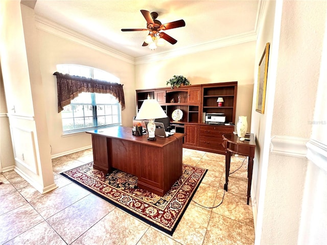 office space featuring ceiling fan, light tile patterned floors, and crown molding