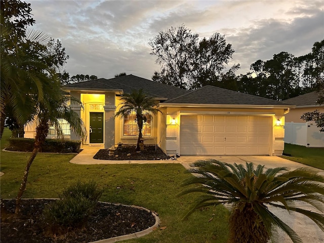 view of front facade with a lawn and a garage