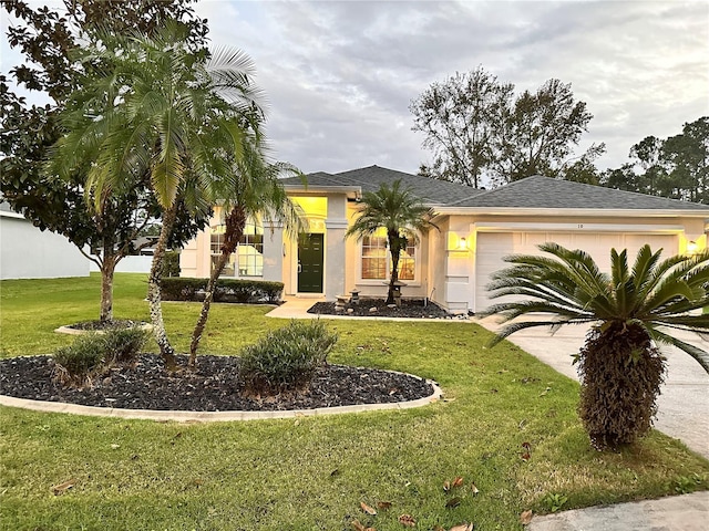 view of front of property featuring a garage and a front lawn