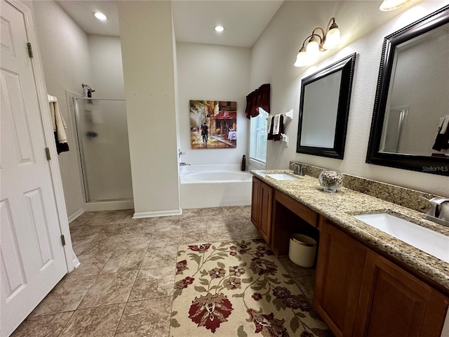 bathroom featuring tile patterned flooring, vanity, and independent shower and bath