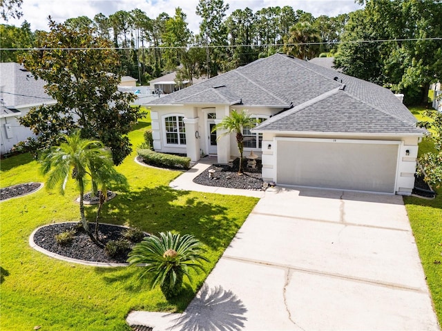 view of front facade featuring a front lawn and a garage