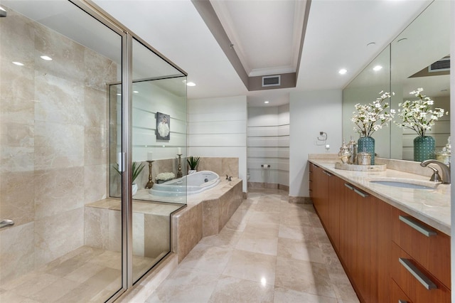 bathroom featuring shower with separate bathtub, ornamental molding, double vanity, and tile patterned flooring