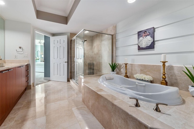 bathroom with separate shower and tub, crown molding, tile patterned flooring, and vanity