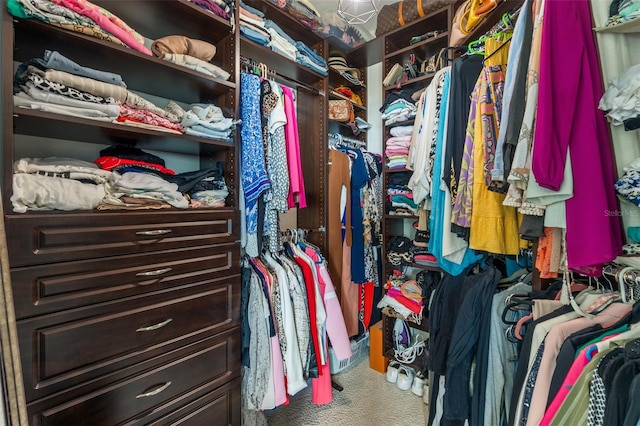 walk in closet featuring carpet flooring