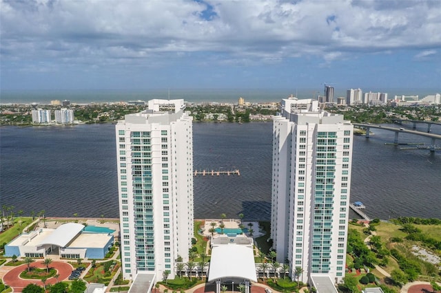 bird's eye view with a water view