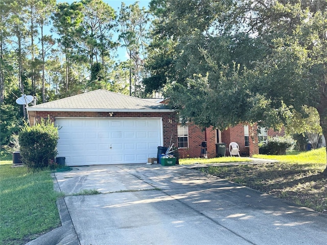 exterior space with concrete driveway, brick siding, and an attached garage