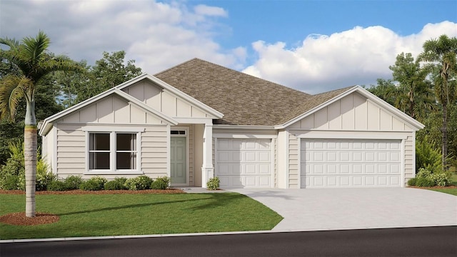 view of front of house with concrete driveway, roof with shingles, an attached garage, board and batten siding, and a front yard