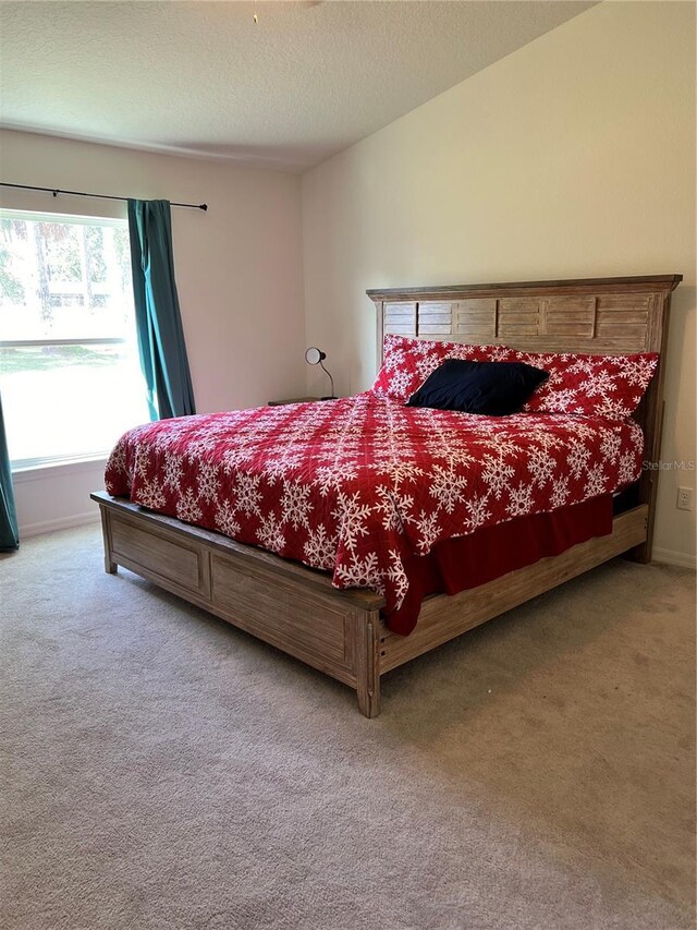 carpeted bedroom featuring a textured ceiling