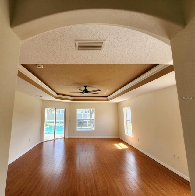 spare room with a tray ceiling, a wealth of natural light, and wood-type flooring