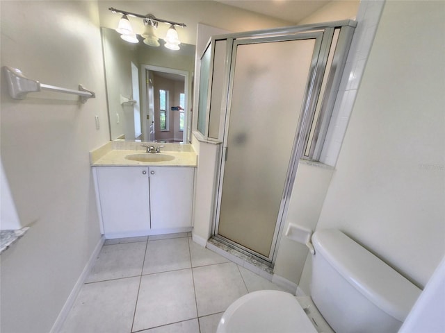 bathroom with tile patterned floors, vanity, toilet, and an enclosed shower