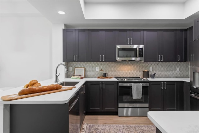 kitchen featuring backsplash, kitchen peninsula, sink, appliances with stainless steel finishes, and light hardwood / wood-style floors