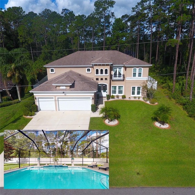 outdoor pool featuring glass enclosure and a yard