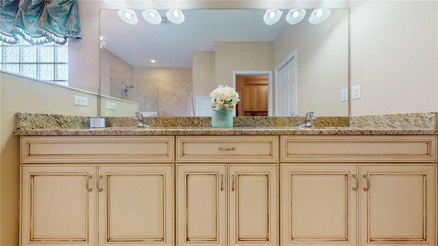 bathroom featuring walk in shower and vanity