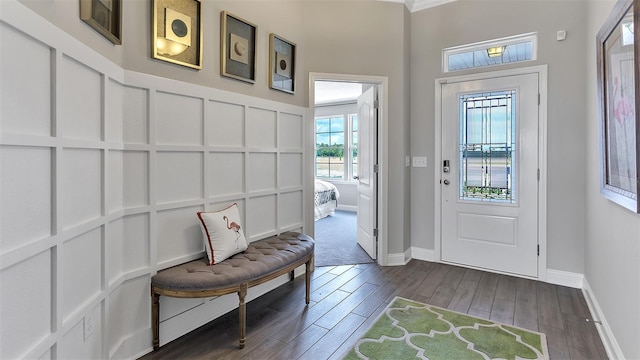 entrance foyer with baseboards, a decorative wall, and dark wood-type flooring