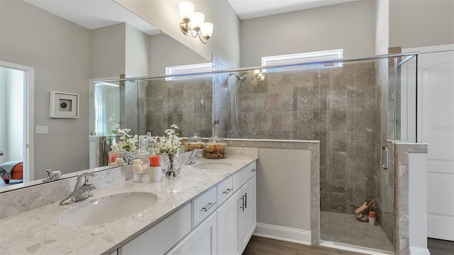 bathroom with a shower with door, dual bowl vanity, and wood-type flooring