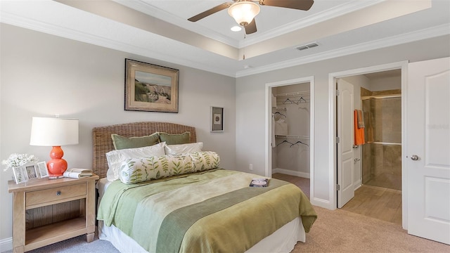 carpeted bedroom featuring ornamental molding, a walk in closet, a closet, and a tray ceiling