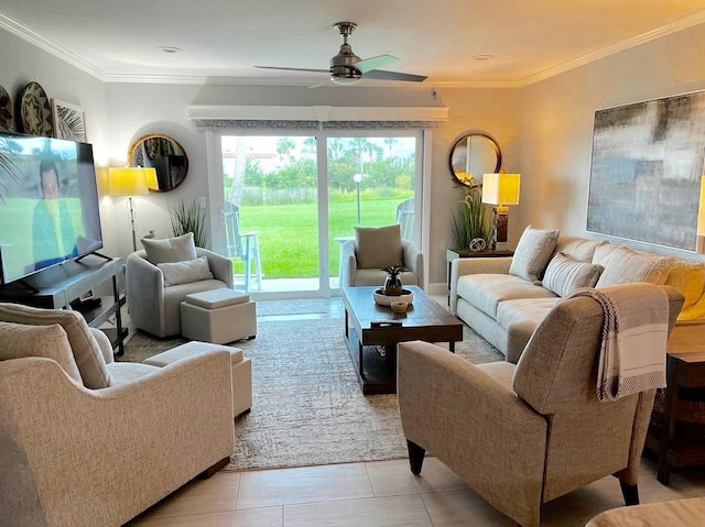 living room featuring ceiling fan, light tile patterned floors, and crown molding