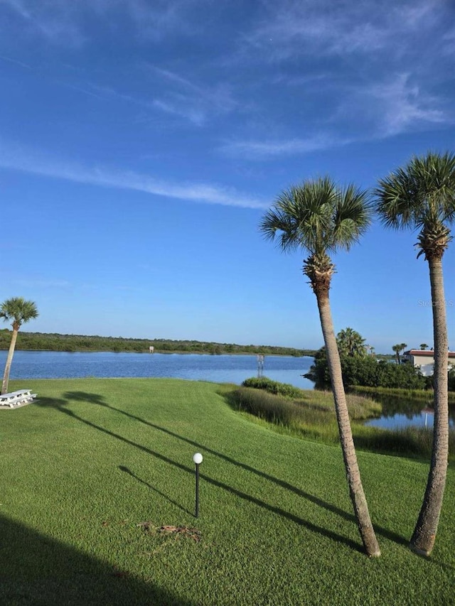 view of home's community with a lawn and a water view