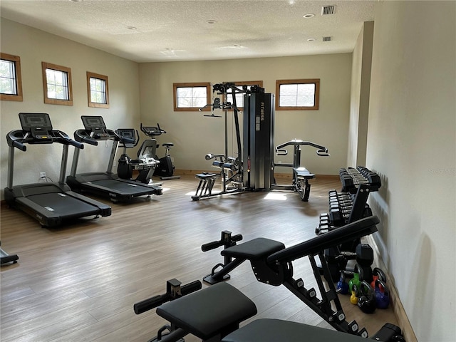 gym with a textured ceiling, a healthy amount of sunlight, and hardwood / wood-style flooring