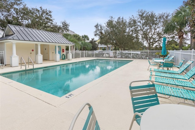 pool featuring fence and a patio