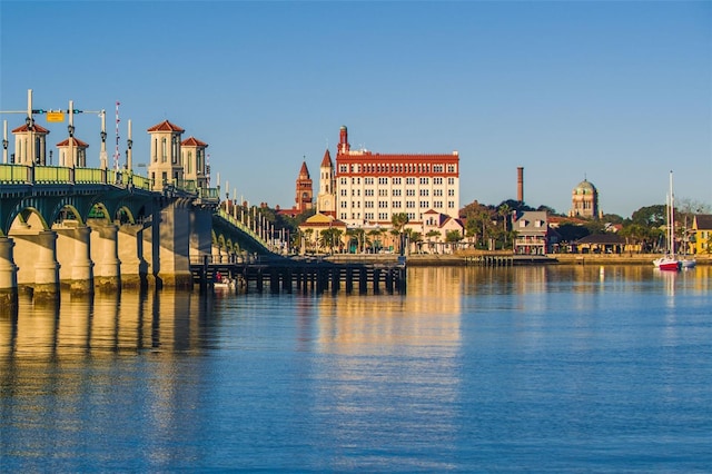 view of water feature with a pier