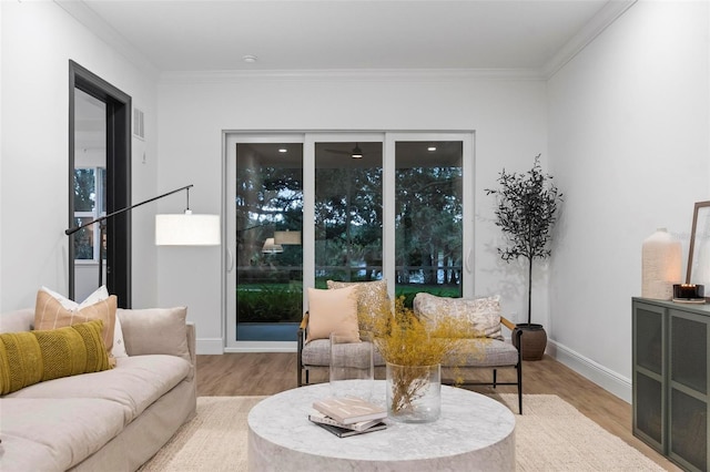 exterior space with light hardwood / wood-style floors and ornamental molding