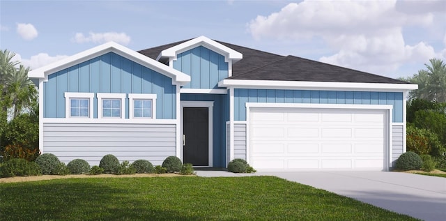 view of front facade with a garage, concrete driveway, roof with shingles, a front lawn, and board and batten siding