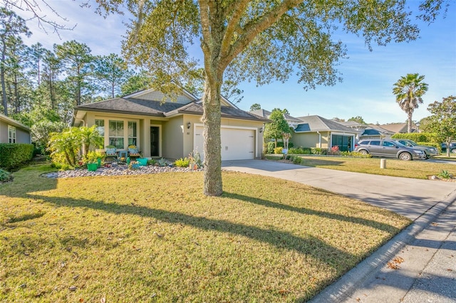 ranch-style house featuring a front lawn, concrete driveway, an attached garage, and stucco siding