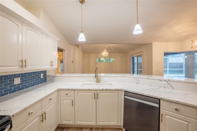 kitchen with decorative light fixtures, dishwasher, kitchen peninsula, and sink