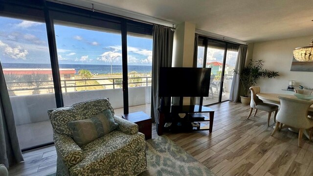 living area featuring floor to ceiling windows and wood-type flooring