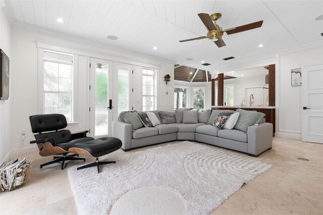 living room with ceiling fan, wooden ceiling, french doors, and crown molding