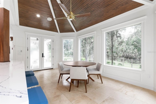 interior space featuring wood ceiling, vaulted ceiling with beams, ceiling fan, and french doors