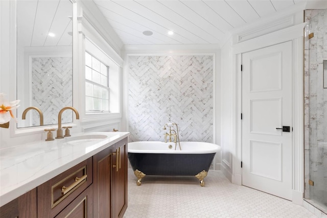 bathroom featuring wood ceiling, vanity, and separate shower and tub